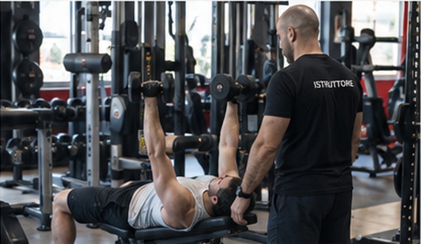Socio durante un esercizio con un istruttore che osserva in sala